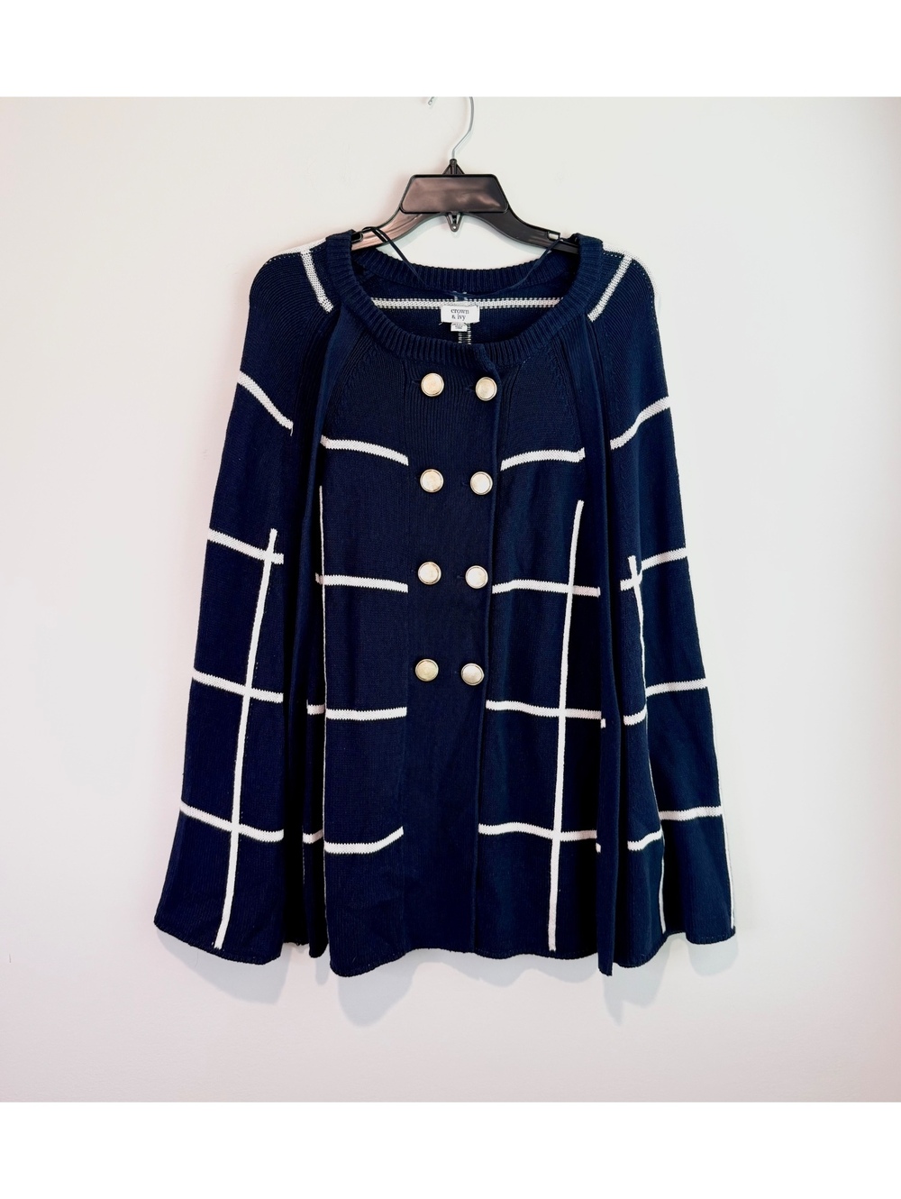 Crown & Ivy Navy and Ivory Highland Knit Poncho Sweater, One Size